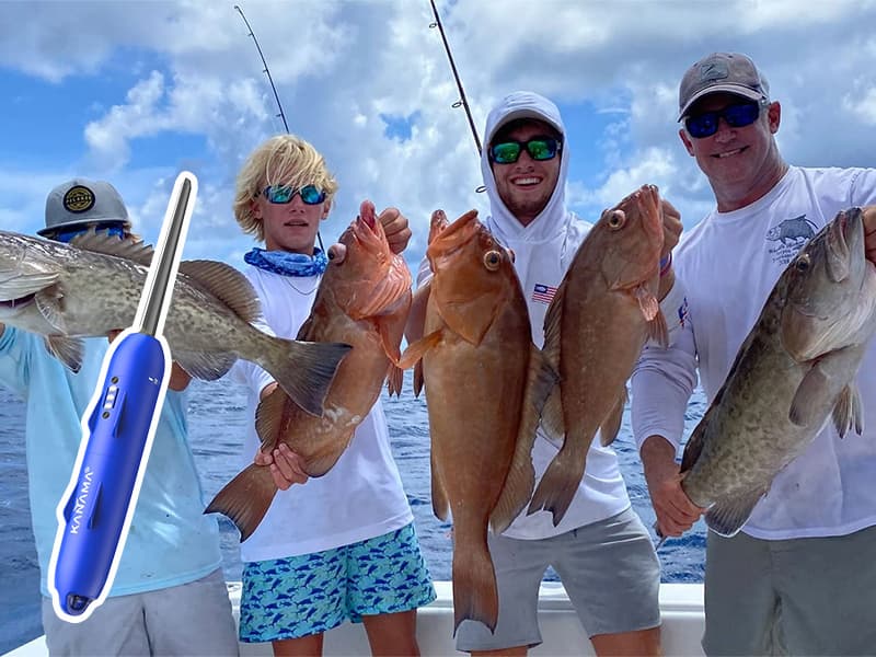 Tammy and friends holding their catches on a boat, with a Smart Bait ProX shown in the foreground. Customer shares they were impressed with the product quality.