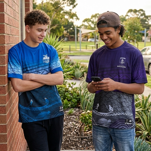 Two boys standing together wearing AFL Indigenous Tees