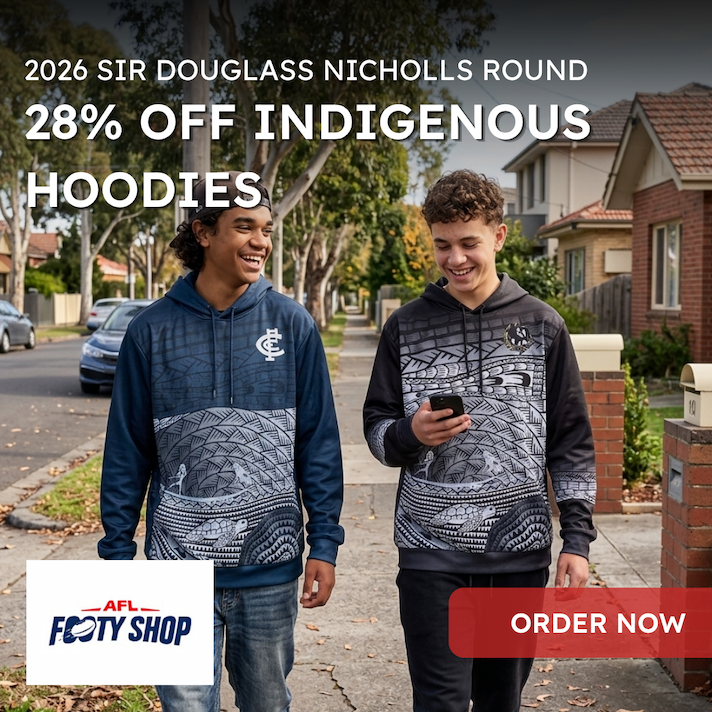 Two Boys walking down a suburban street wearing AFL Indigenous Hoodies