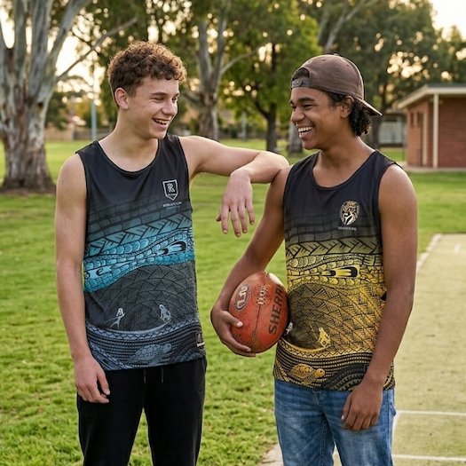 Two boys wearing AFL Indigenous Training Singlets in a local park after training