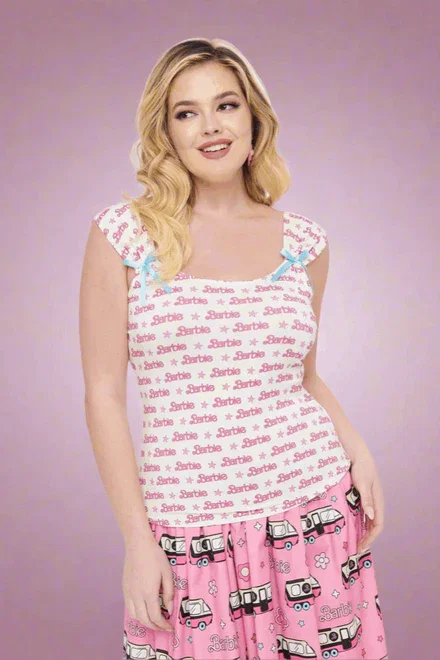 Barbie X Unique Vintage White & Pink Barbie Print Tank Top