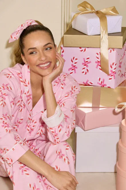 PJ Salvage Sweeter Than Sugar 3-Piece Candy Cane Print Flannel PJ Set as seen on Paris Hilton