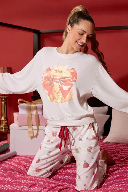 PJ Salvage Feline Festive Cat Print Sweater as seen on Chloe Sims