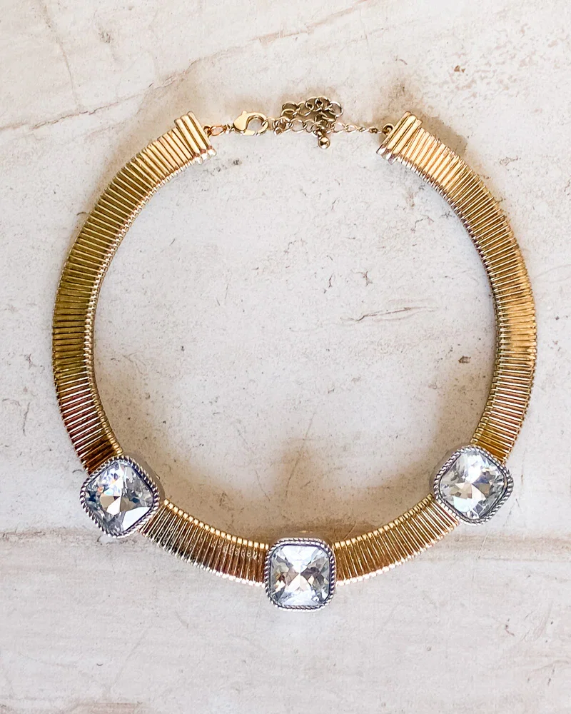 Image of Vintage three square-cut clear crystal gold-tone omega necklace