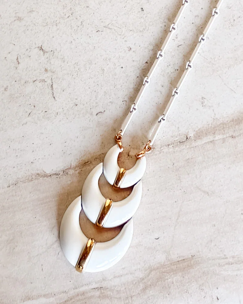 Image of Vintage Signed White Enamel Stacking Moon Pendant Bar Link Chain Necklace