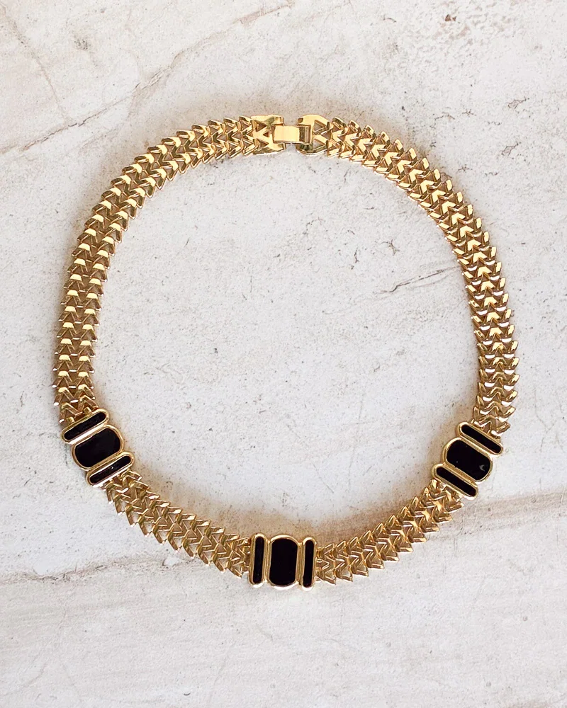 Image of Vintage panther link black enamel accent Necklace