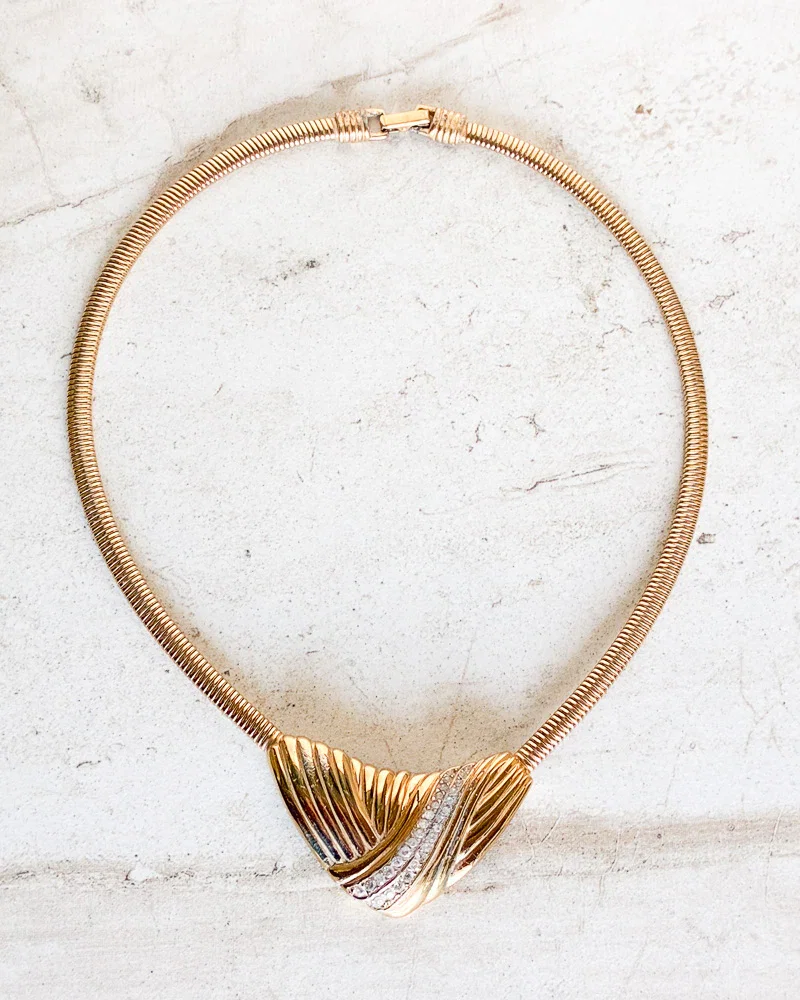Image of Vintage Signed Chunky V Choker Gold-Tone Clear Rhinestones Omega Chain