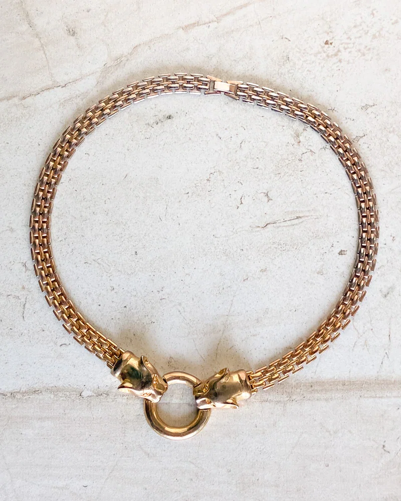 Image of Vintage Gold tone double panther head ring choker necklace