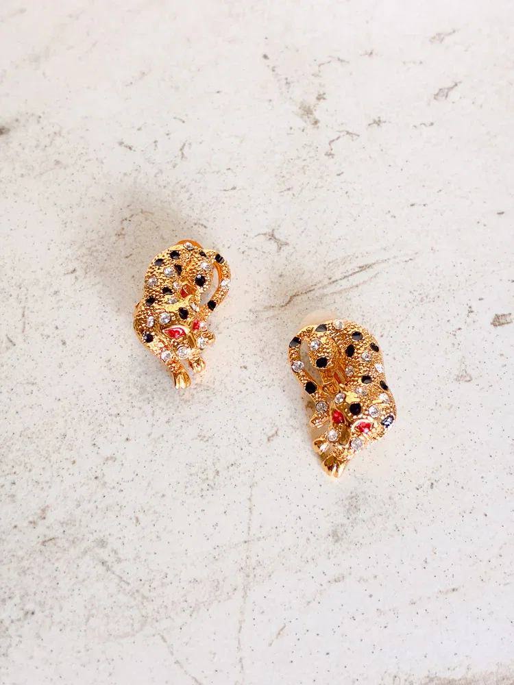 Image of Vintage PANTHER ALL OVER CRYSTAL AND BLACK Clip On Earrings