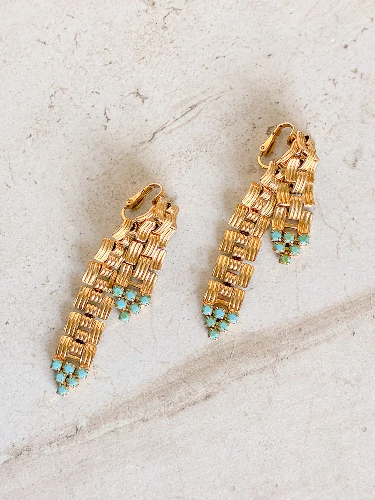 Image of Vintage Gold Plate Mesh Turquoise Clip on Earrings