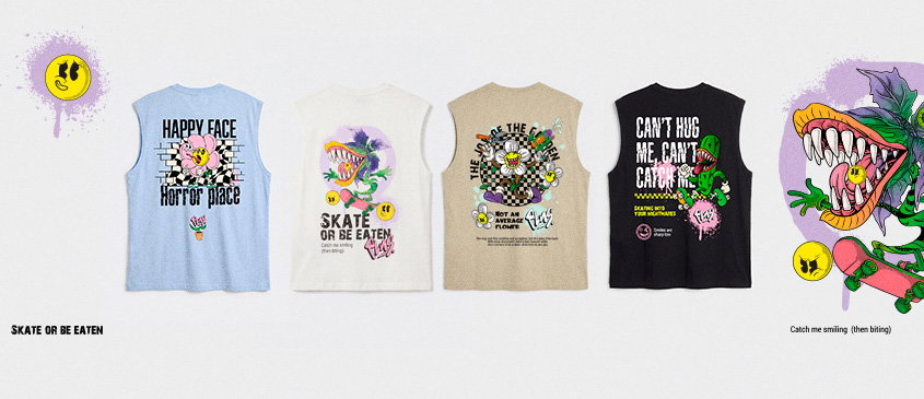 Row of five sleeveless skate-style t-shirts on a pale background, featuring colourful punk graphics and slogans like 'Happy Face' and 'Skate or Be Eaten'