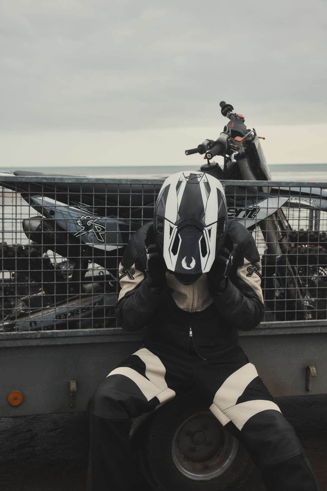 Model wearing the Represent x Belstaff Leather Race Jacket
