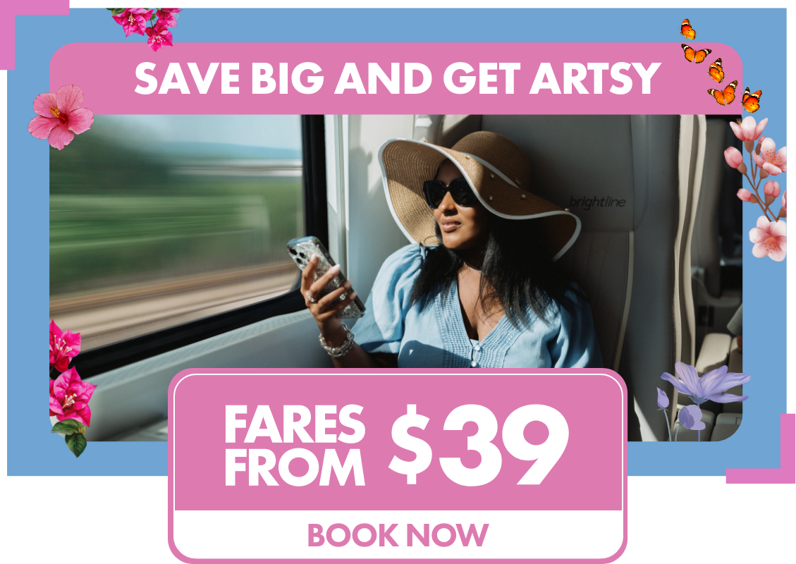 A woman sits by a train window, looking at her phone while traveling. The promotional design features bright pink and blue frames decorated with flowers and butterflies. Large text highlights fares from $39 and invites viewers to book now. The overall style is cheerful and artsy, emphasizing affordable and stylish train travel.