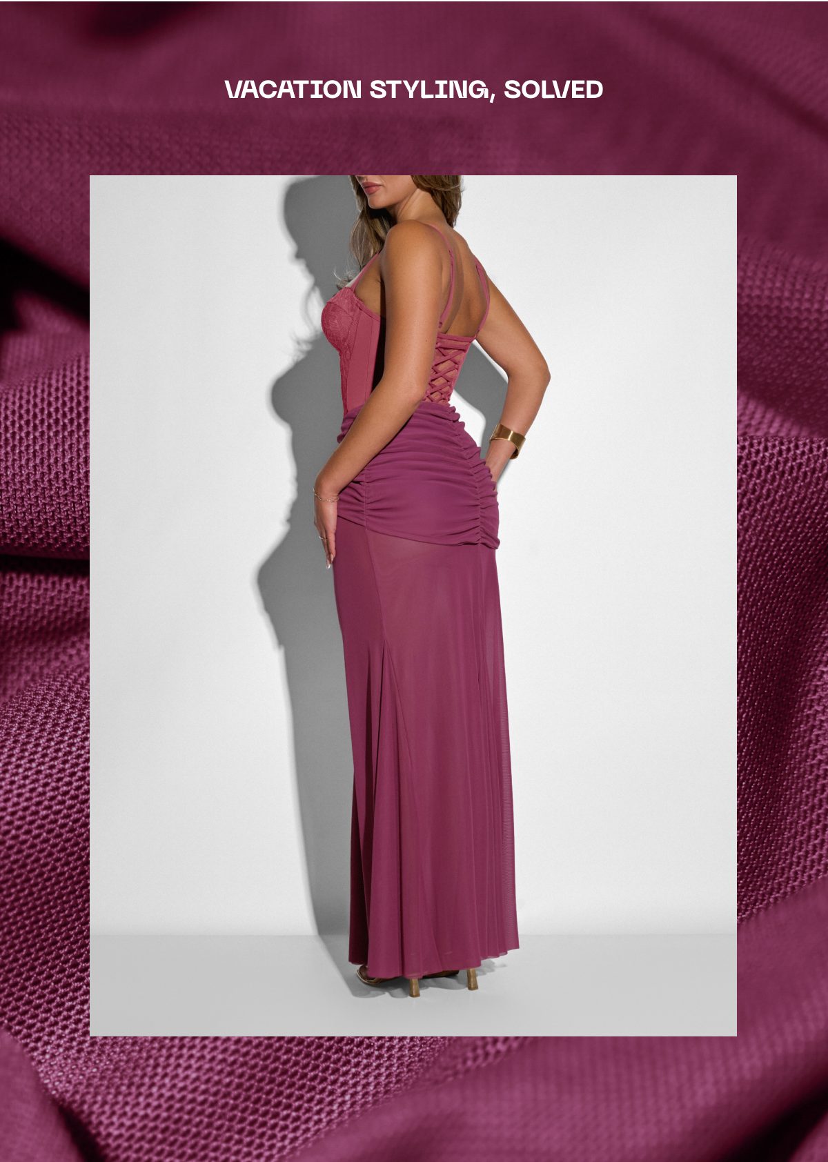 A woman in a fitted, Mesh Dark Rose Mermaid Sheer Skirty with a lace-up back, standing sideways against a plain background.
