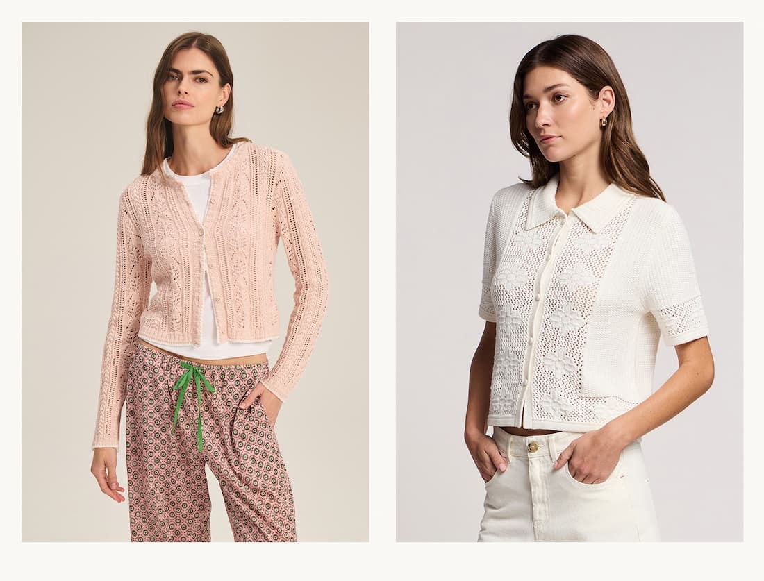 Model on left wearing Daisy Cardigan and model on right wearing Rosemond Cardigan