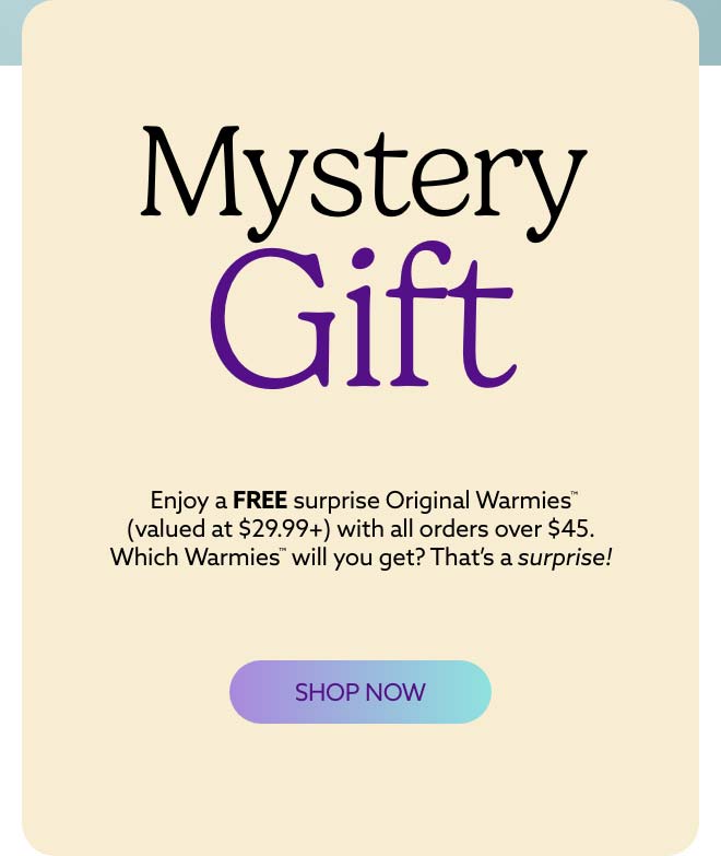 A yellow text card. Shop Mystery Gift.