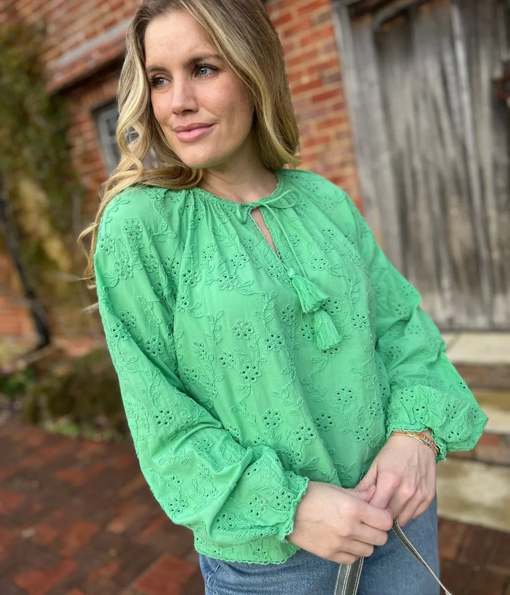 Image of Green Cotton Broderie Tie Neck Top