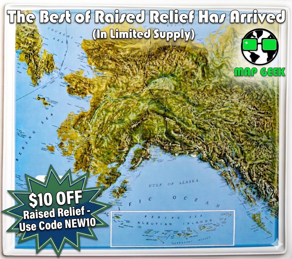 Raised relief map of Alaska announcing the new raised relief map collection
