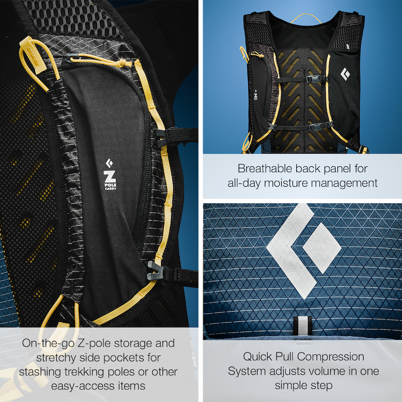 Breathable back panel for all-day moisture management | On-the-go Z-pole storage and stretchy side pockets for stashing trekking poles or other easy-access items | Quick Pull Compression System adjusts volume in one simple step
