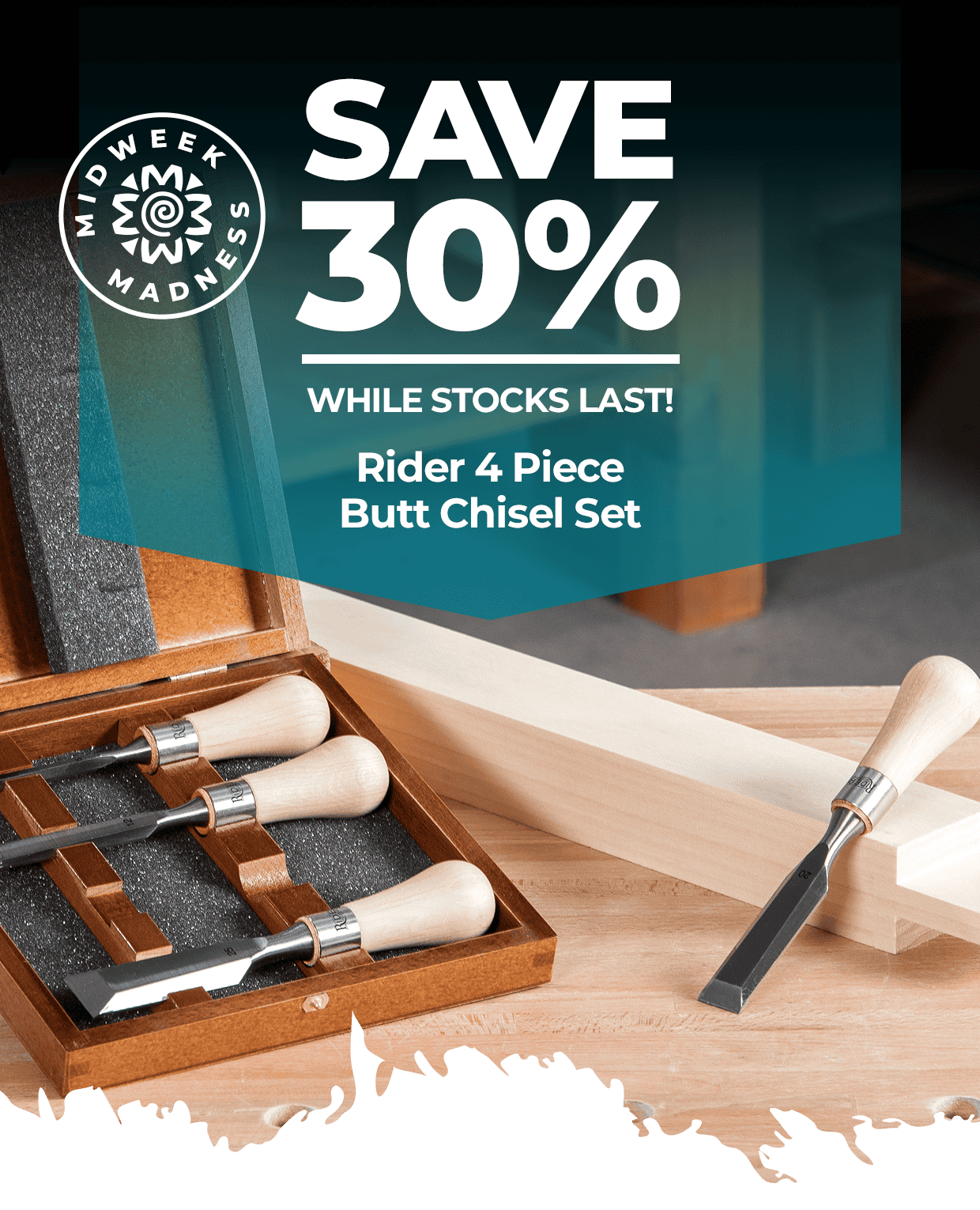 SAVE 30% - while stocks last! Rider 4 Piece Butt Chisel Set