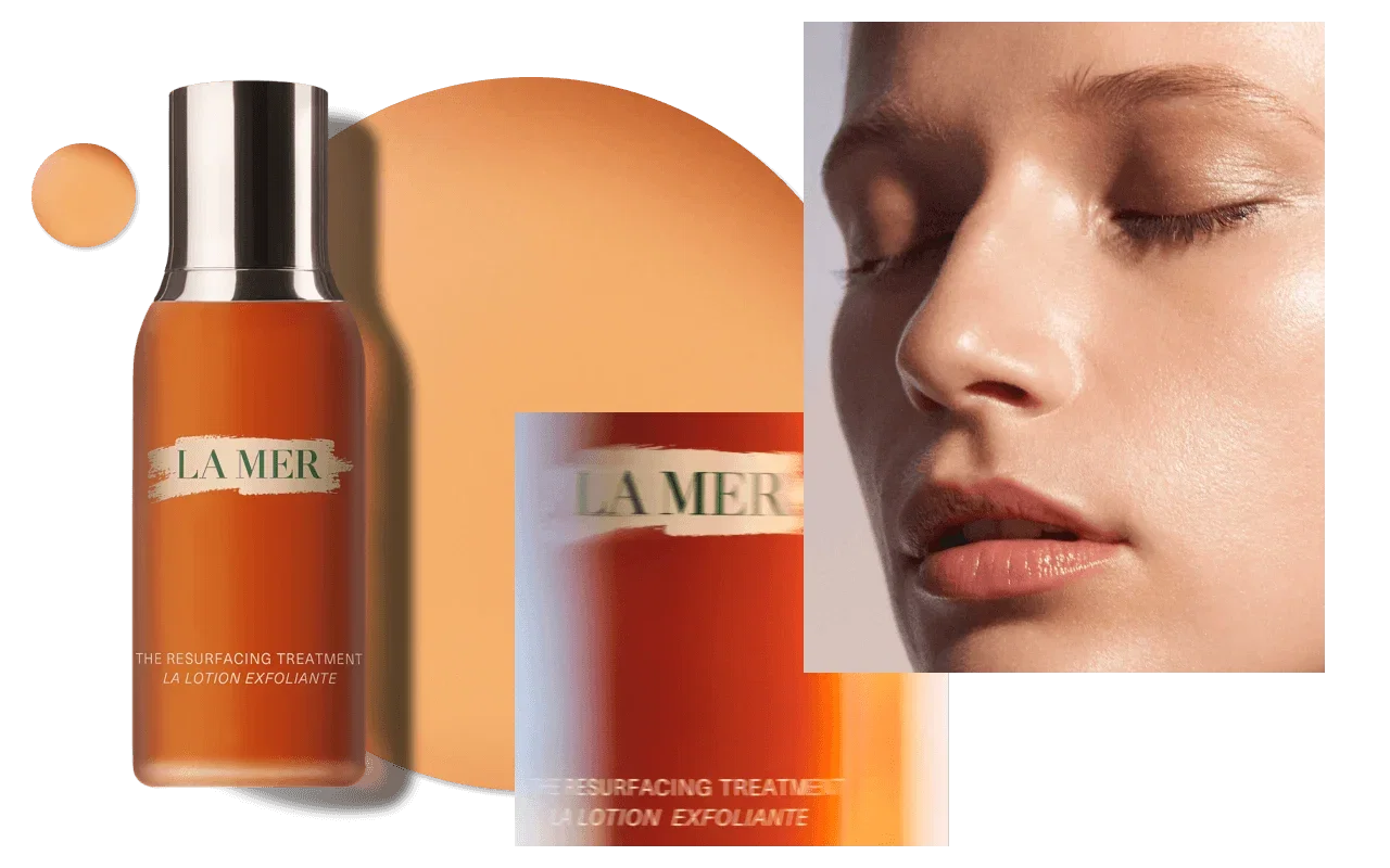 Close-up of a bottle of The Resurfacing Treatment with a woman's smooth, glowing face beside it.