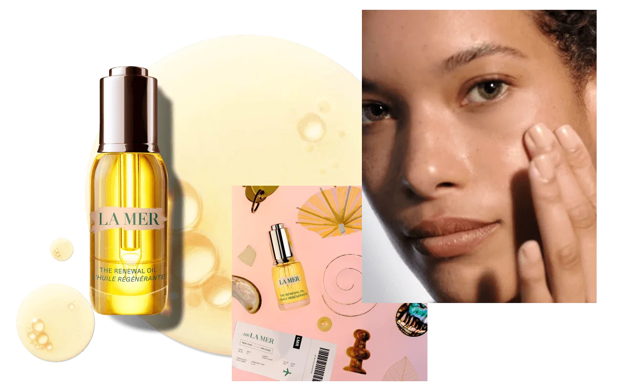 Collage featuring a bottle of The Renewal Oil, a close-up of a woman's face applying the oil, and flat lay decorations.