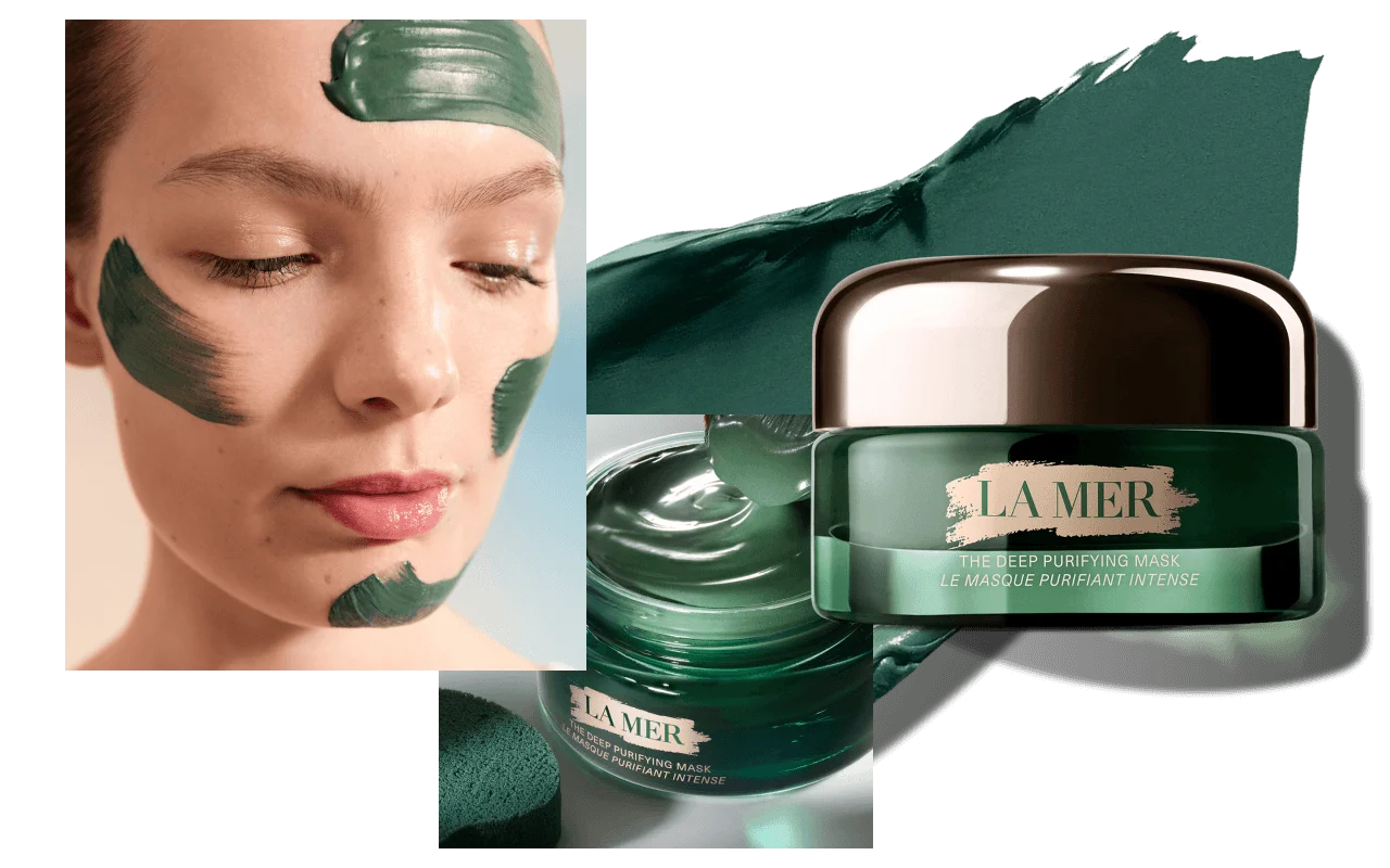Collage of close and open jars of The Deep Purifying Mask with a woman wearing the green mask on her face.