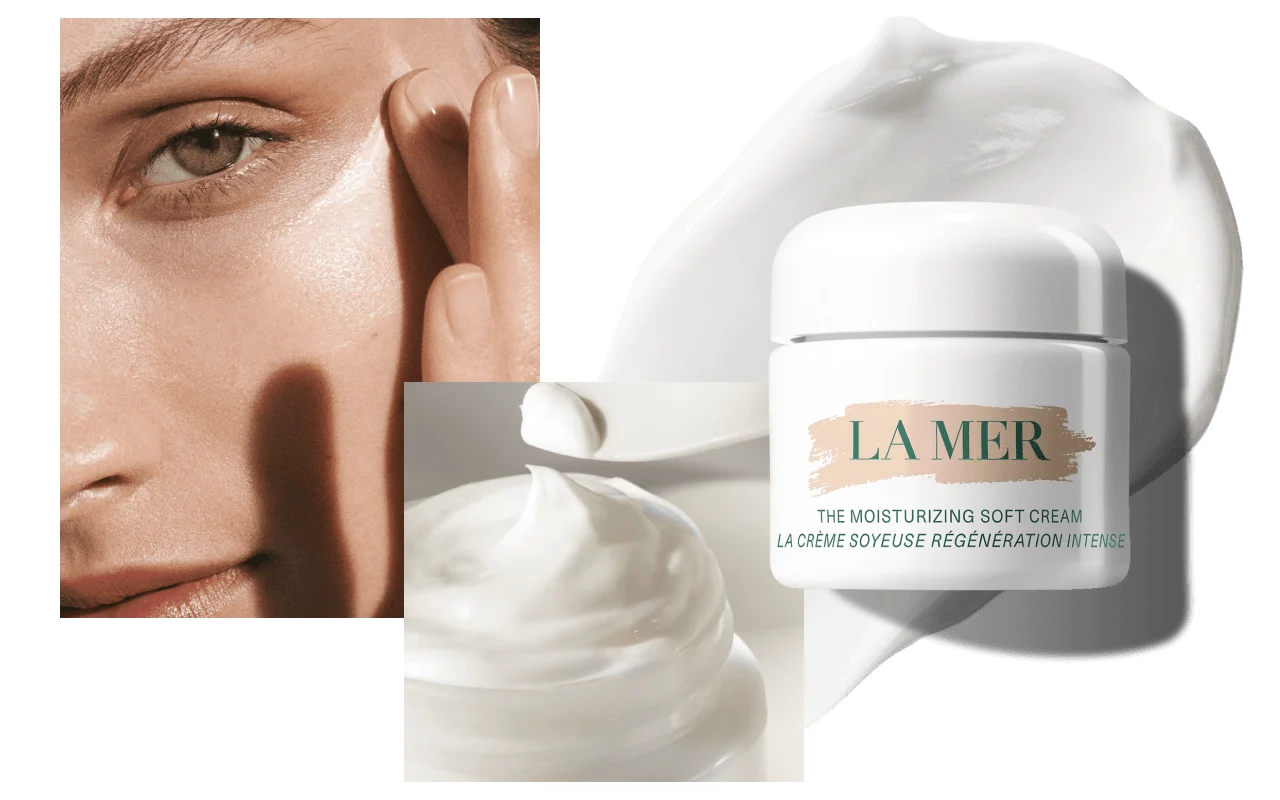 Collage of close and open jars of The Moisturizing Soft Cream with a close-up of a woman's face applying the cream.
