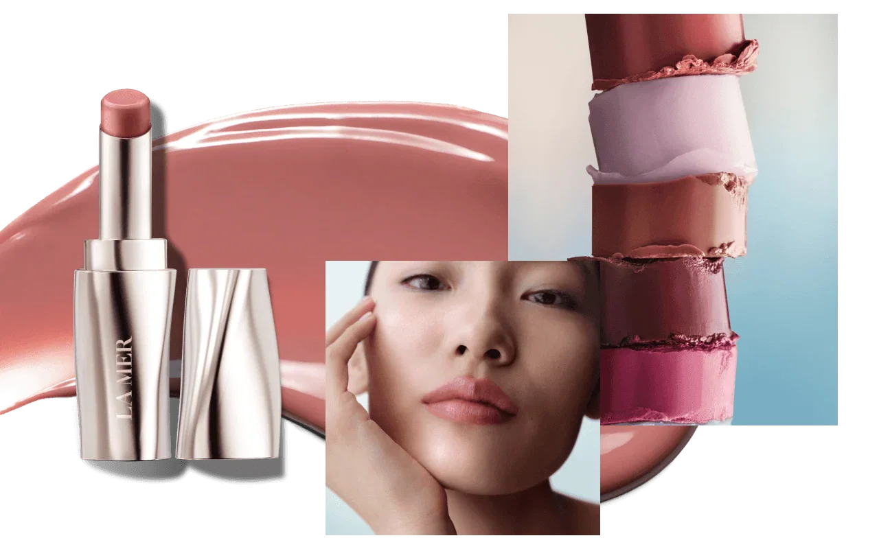 A collage featuring an open tube of The Lip Treatment, a stack of lipstick slices in varying pink and mauve hues, and a woman's face with pink lip colour.