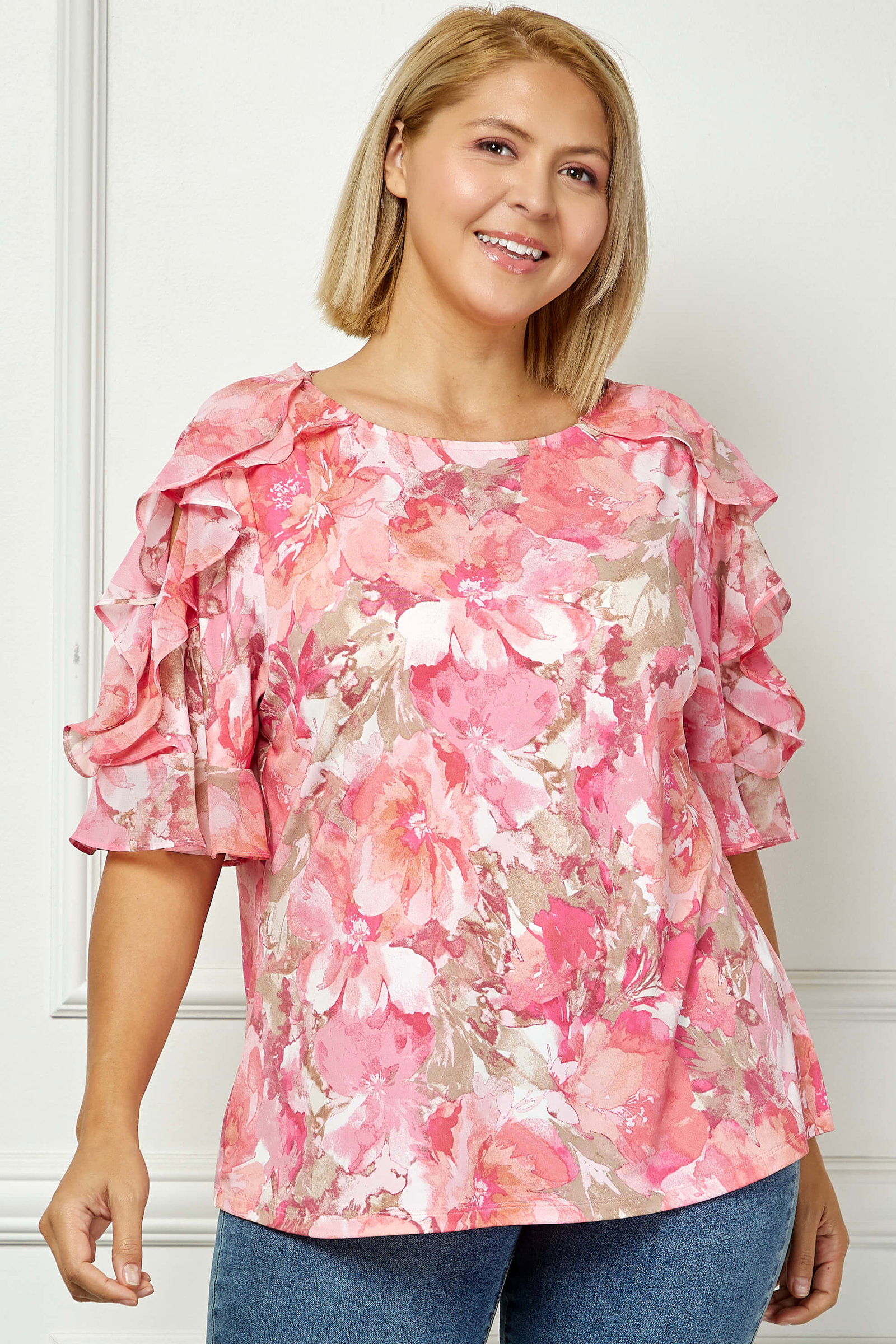 Image of Ruffle Cold Shoulder Scoop Neck Blouse - Plus - Pink