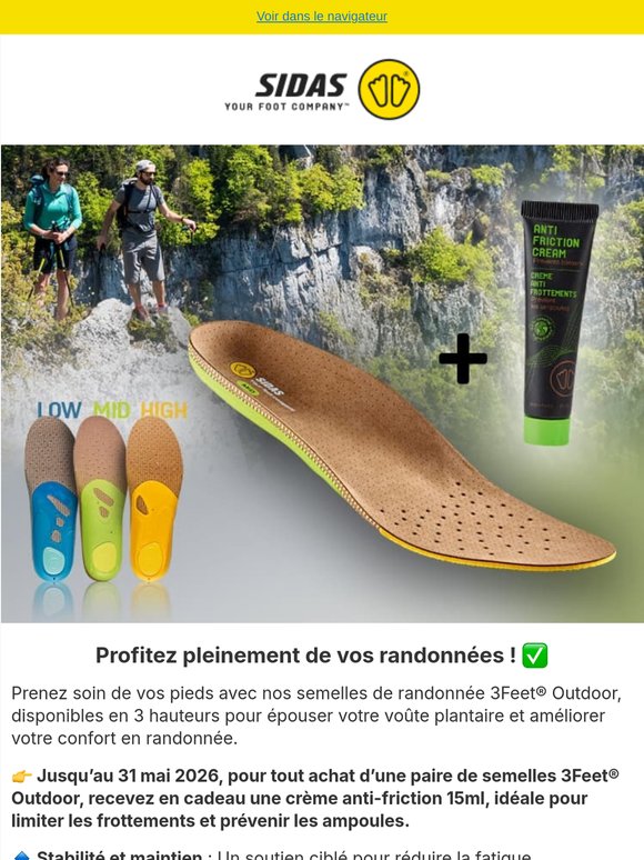 1 crème anti-friction offerte à l'achat de semelles 3Feet Outdoor ✅