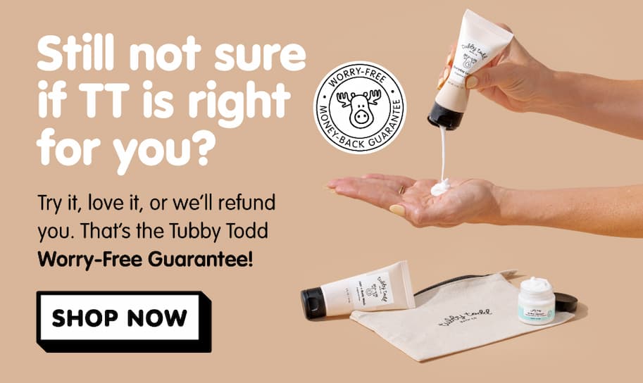 Tubby Todd Worry-Free Guarantee with product imagery and “Shop Now” CTA.