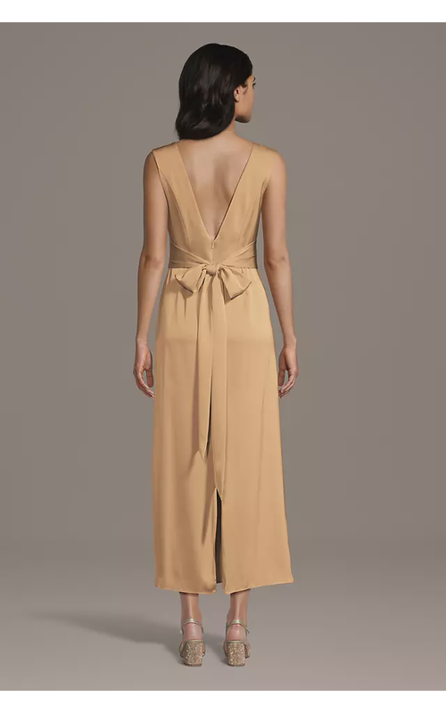 Matte Satin Boat Neck Ankle Length Sheath Dress