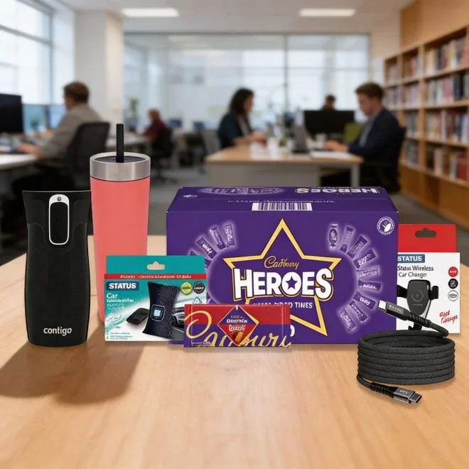 Products such as coffee, a pen, biscuits, a clock and cables placed on a desk in an office environment