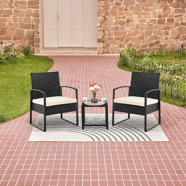 3tlg. Casual-Set Balkonset Sitzgruppe schwarzes Rattan mit Sitzkissen in beige