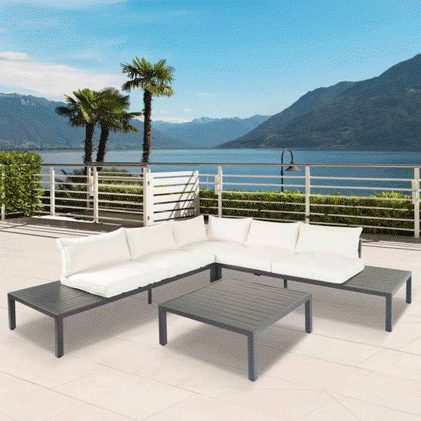 Aluminium Eckloungeset 14 tlg. mit Tischablage & Polsterkissen schwarz / creme