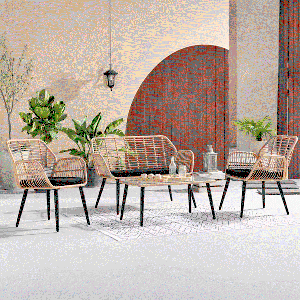 7tlg. helles Rattan Loungeset mit Sitzkissen in schwarz