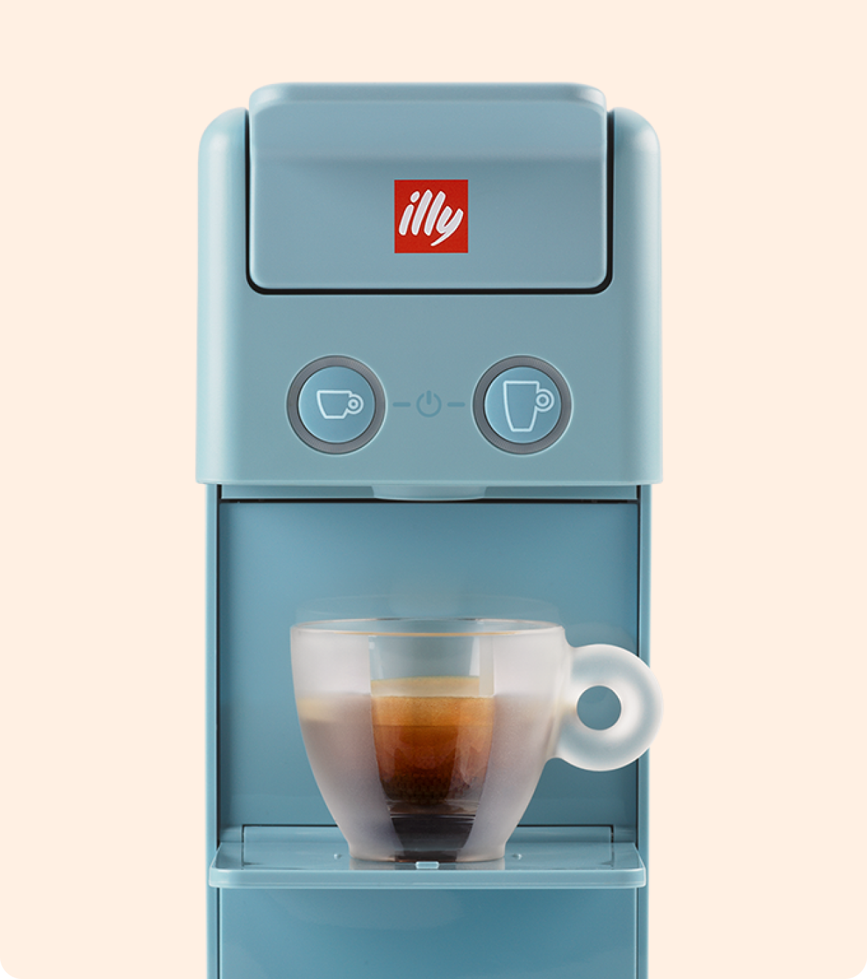Blue Illy coffee machine with open top compartment and front espresso buttons