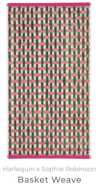 Product Description Basket Weave Towels Rose & Peridot A simple criss-cross pattern forming a fashionable chequerboard effect, these soft velour towels are made from 100% BCI cotton. Red hem detail adds a touch of contrasting colour.  Sizes  Hand Towel: 50cm x 90cm  Bath Towel: 70cm x 130cm  Bath Sheet: 90cm x 150cm  Bath Mat: 90cm x 50cm  PRODUCT DETAILS Delivery Options Returns Reviews Harlequin Sophie Robinson Basket Weave Towels in Rose & Peridot