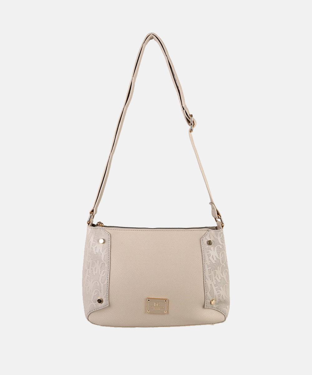 Beige leather shoulder bag with adjustable strap, monogram lace-pattern side panels and gold-tone hardware