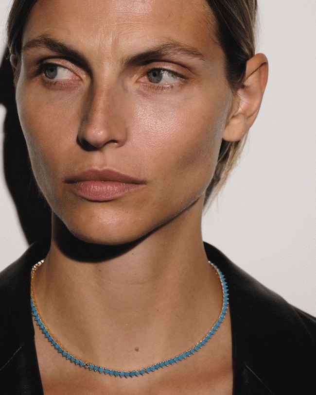 GIF of model wearing Bennington Riviere Necklace in Nano Turquoise with Lab Diamond.