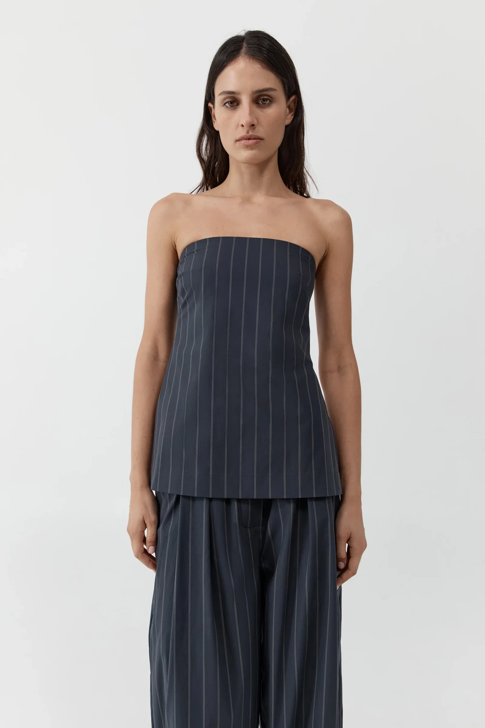 Image of Strapless Rouleau Tie Top - Ink Stripe