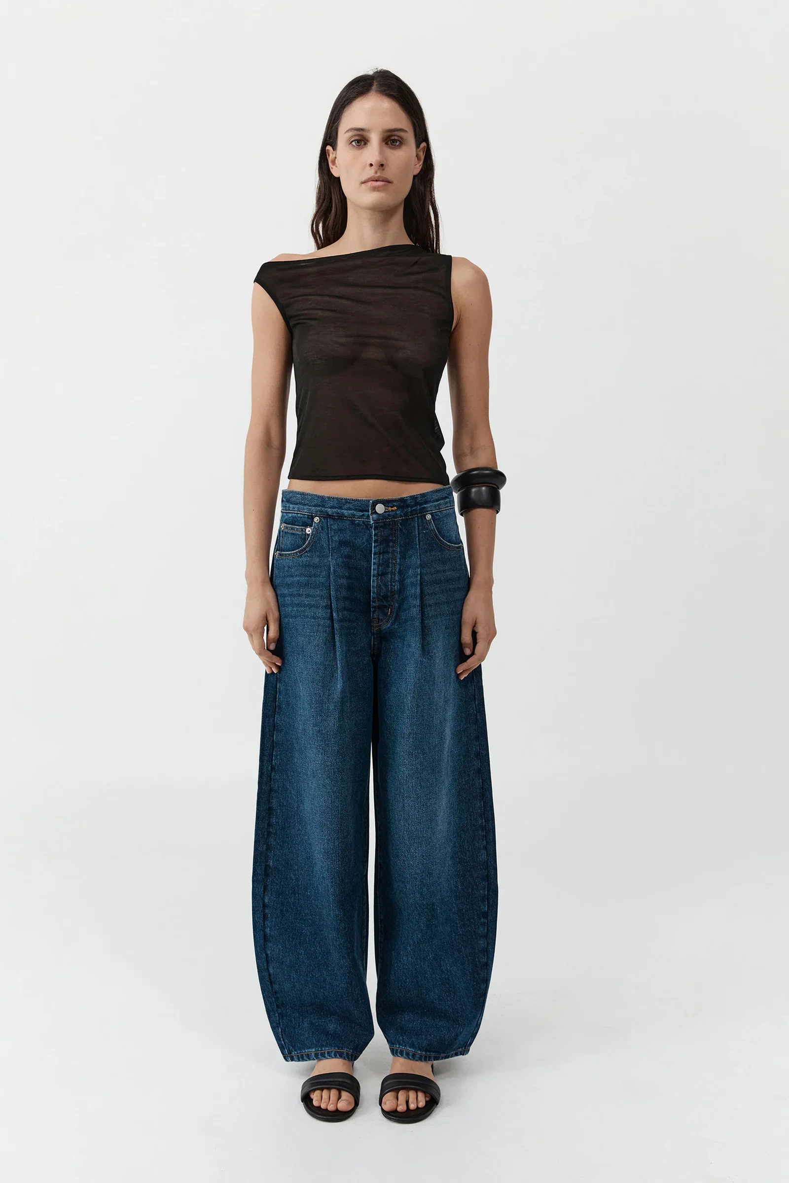 Image of Mid Rise Pleat Barrel Jeans - Dark Indigo