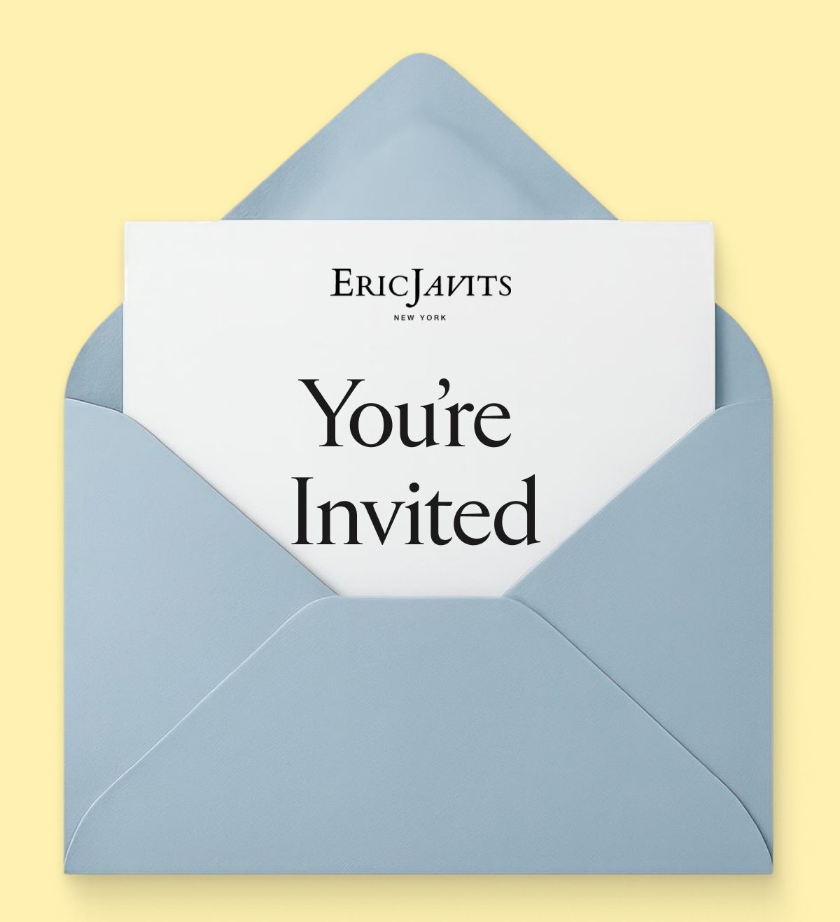 An invitation card that says "You're Invited" inside a blue envelope.