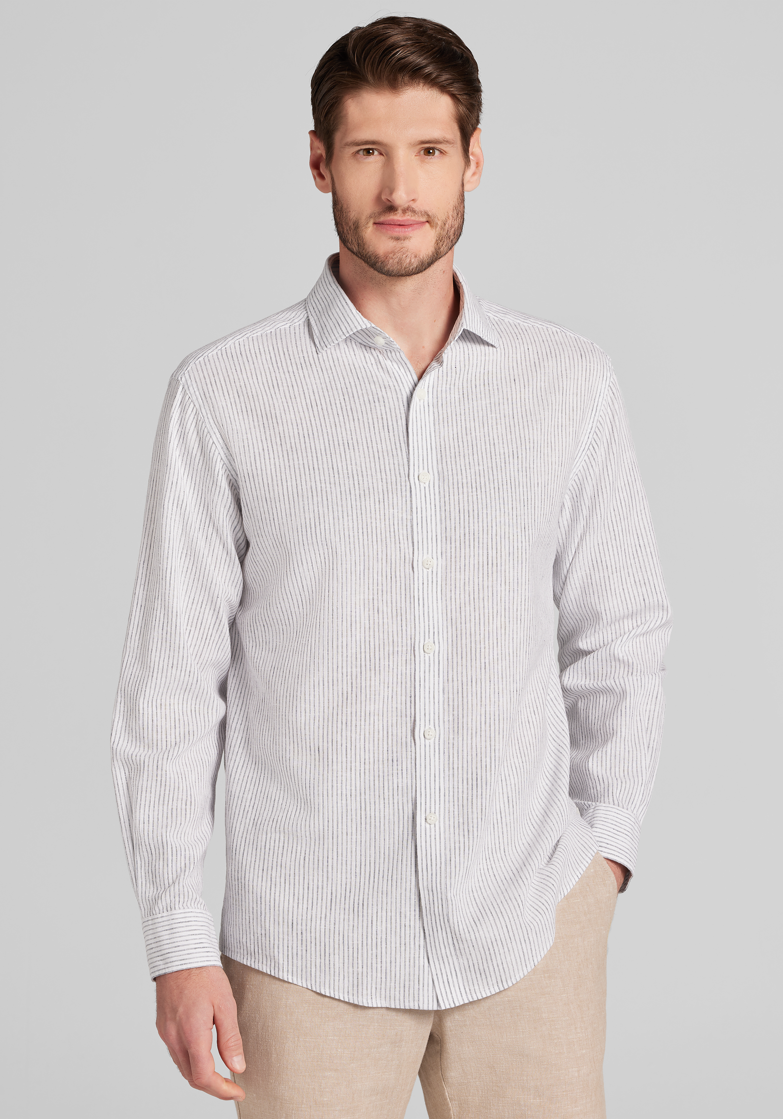 Jos. A. Bank Tailored Fit Chalk Stripe Linen-Cotton Blend Sportshirt
