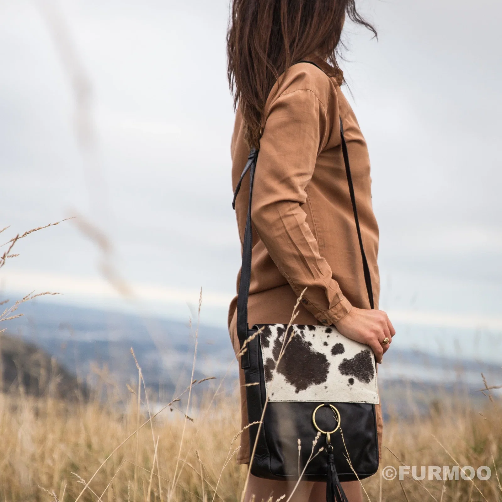 Image of Fur Leather Ring Satchel Cowhide Bag