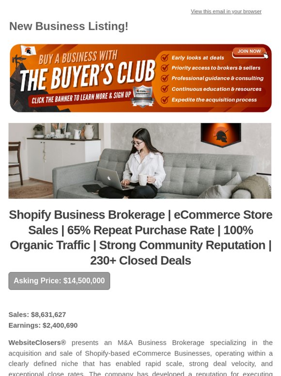 New Deal Alert: Shopify Business Brokerage | eCommerce Store Sales | 65% Repeat Purchase Rate | 100% Organic Traffic | Strong Community Reputation