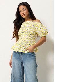 PixieGirl Petite Yellow Lemon Shirred Cotton Top