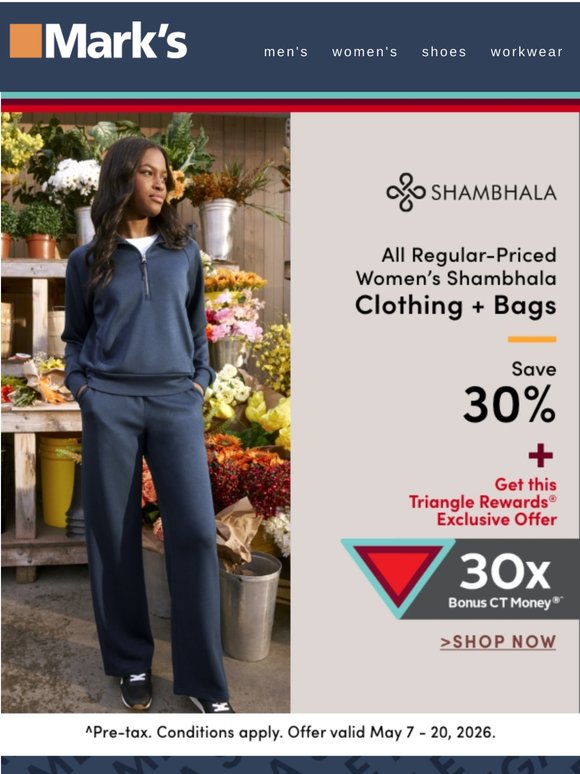 Save 30% on Shambhala clothing + bags 👗