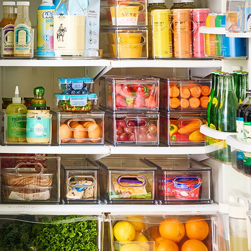 The Home Edit bins in a refrigerator